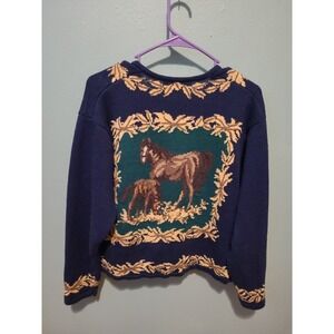 Vintage Susan Bristol Horse And Pony Cardigan Sweater Blue Medium